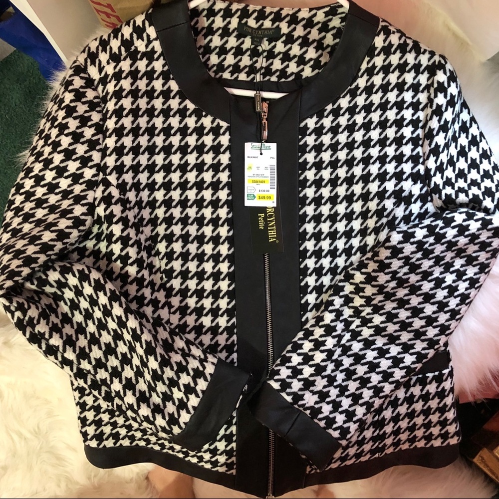 Houndstooth/leather pea coat — Petite XL